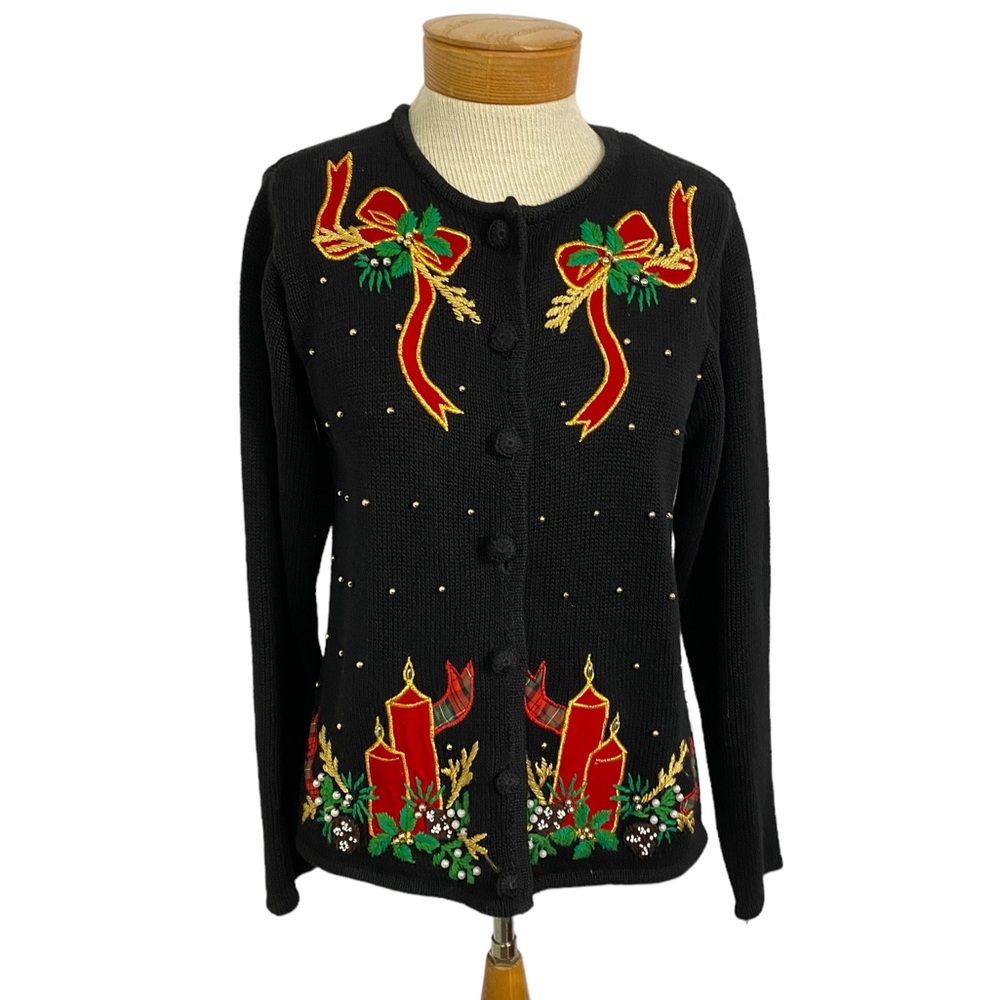 Victoria Jones Ugly Christmas Cardigan Sweater Candle Bows Small